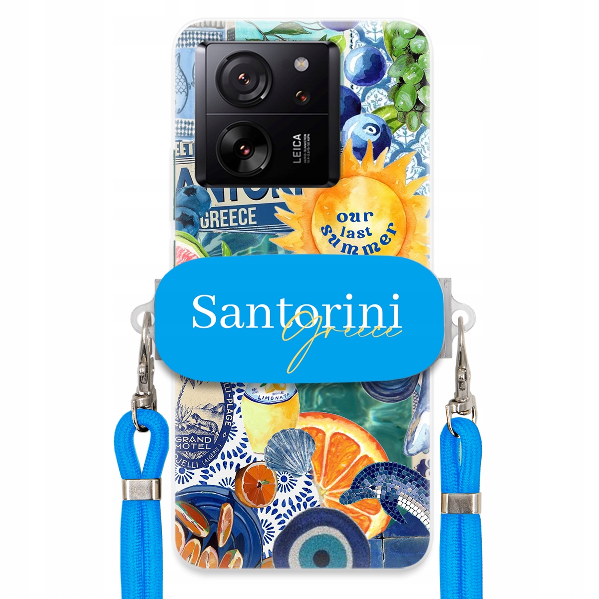 Pouzdro pro Xiaomi 13T Modré Crossbody vodítko Držák Santorini Sea Vibes