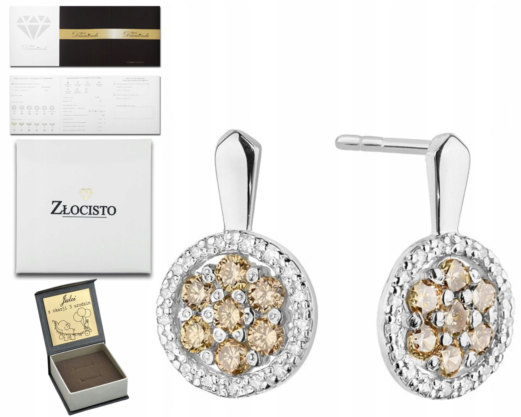 Bílé Zlaté Náušnice S Hnědými Brilianty Gravírování