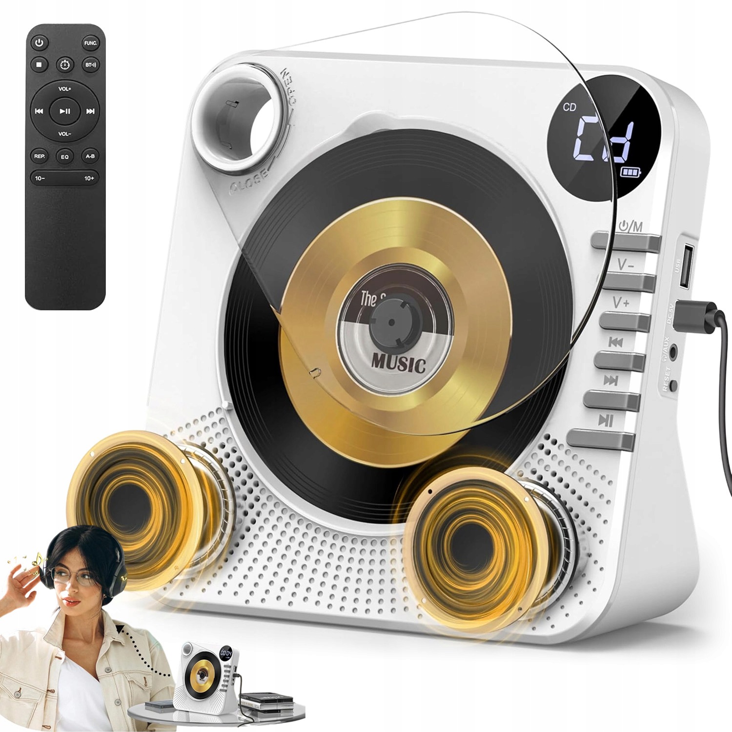 Bluetooth CD Přehrávač Přenosný Discman MP3 Aux Reproduktory Dálkové Ovládání Bílý