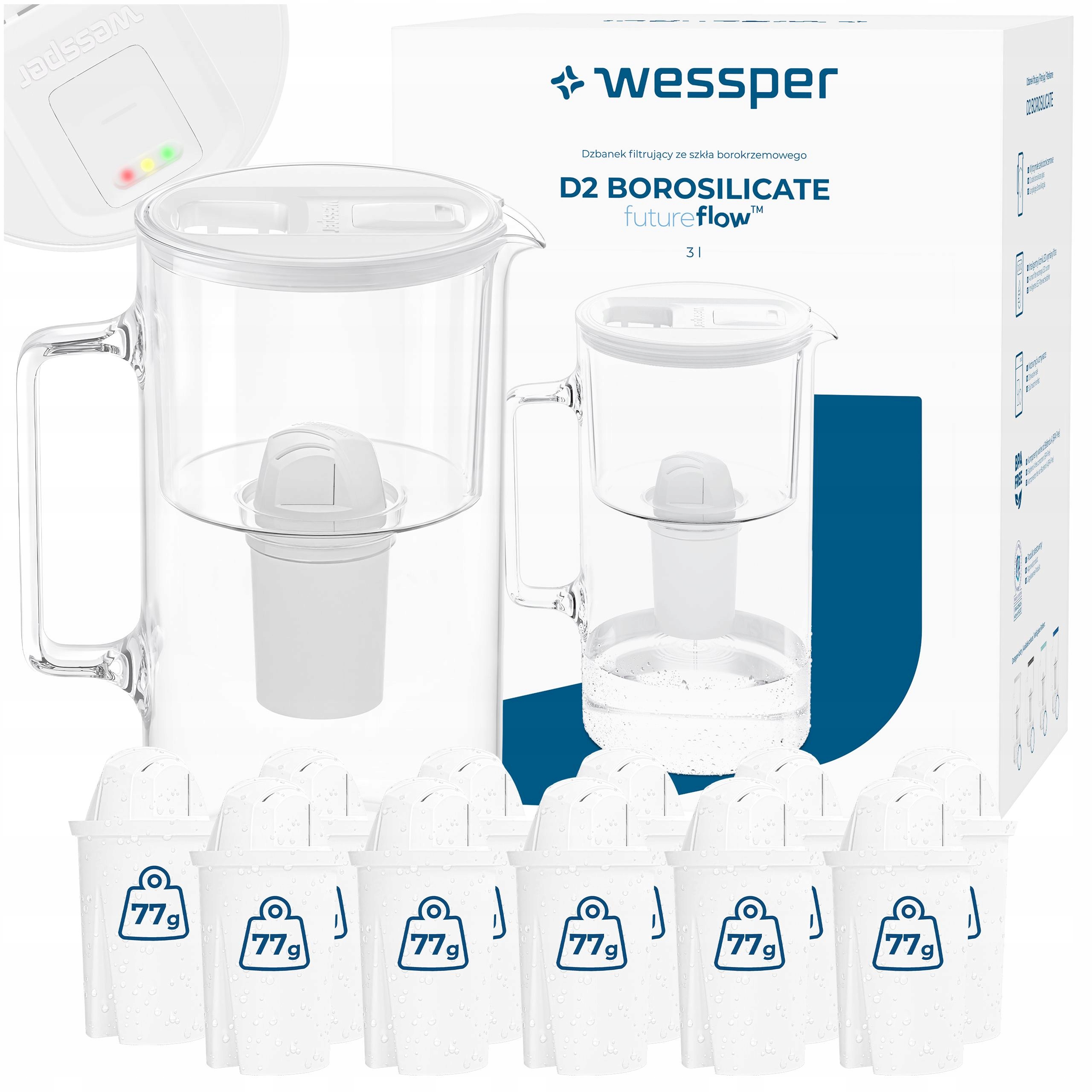 Filtrační konvice skleněná Wessper D2 Borosilicate Ff 3 l bílá 12 x filtr