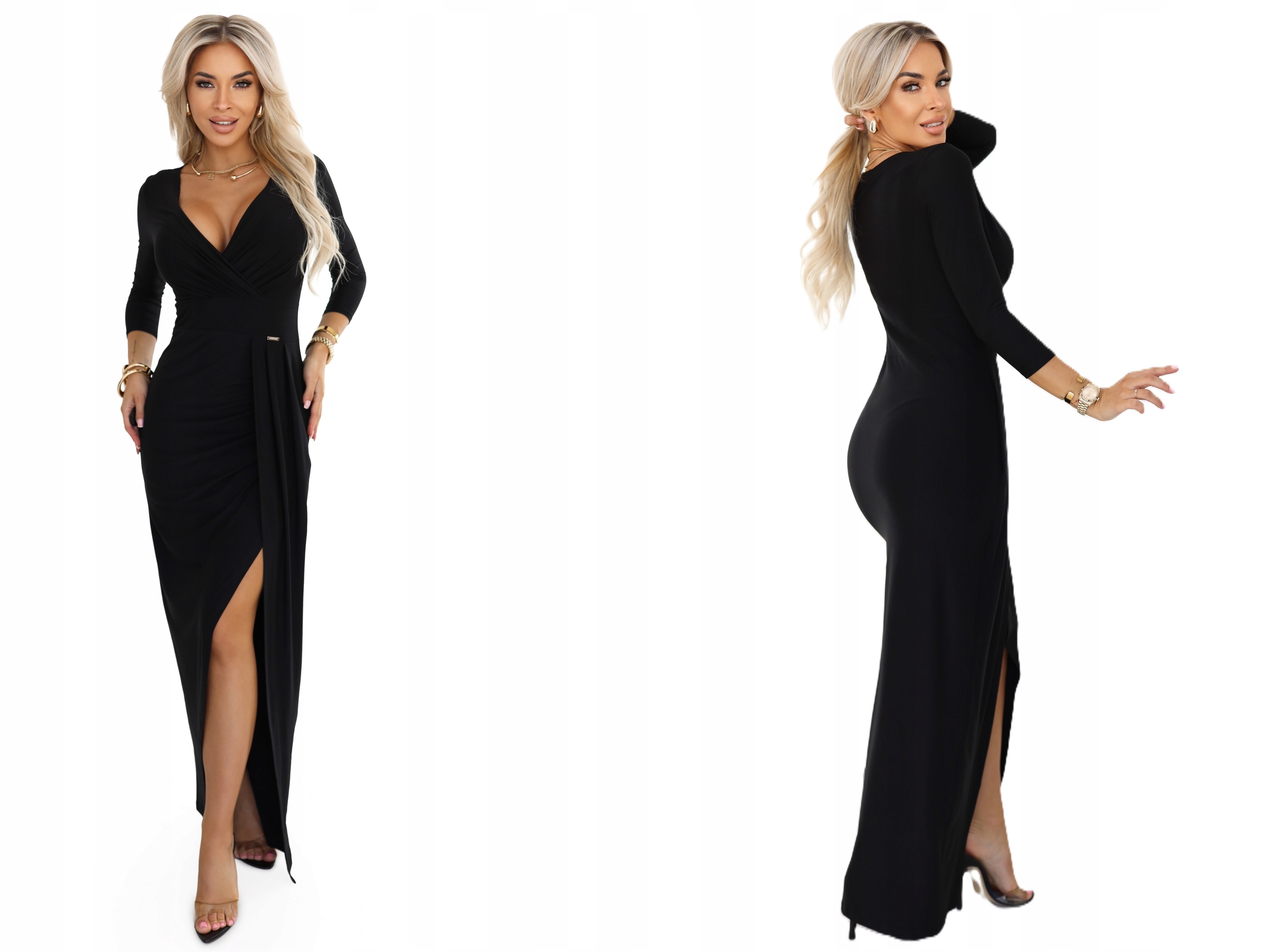 Přiléhavé Šaty S Obálkovým Výstřihem A Velkým Rozparkem, Černá Barva