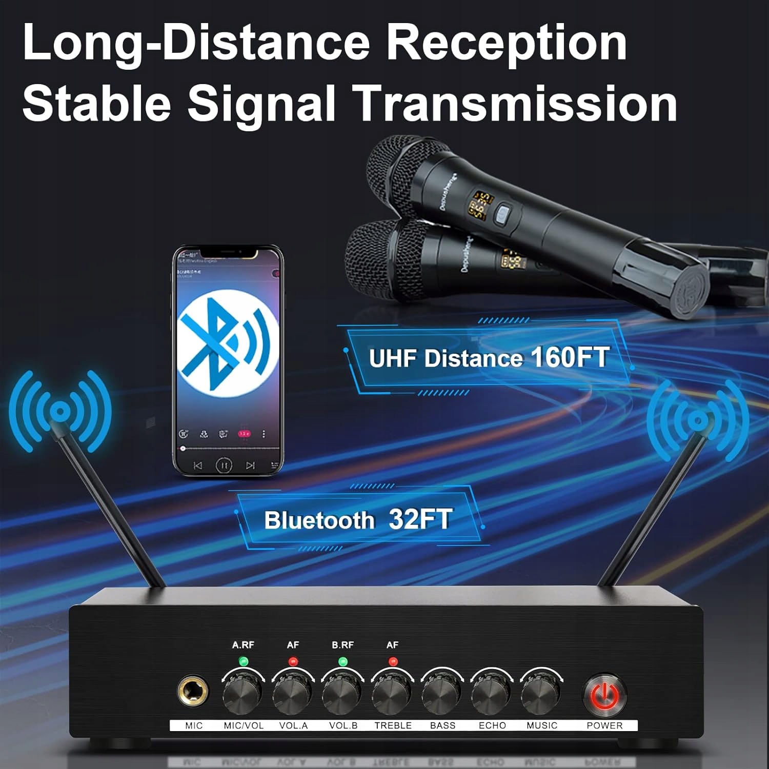 Zestaw Karaoke stacja + 2 bezprzewodowe mikrofony DEPUSHENG DR20 Stan opakowania otwarte