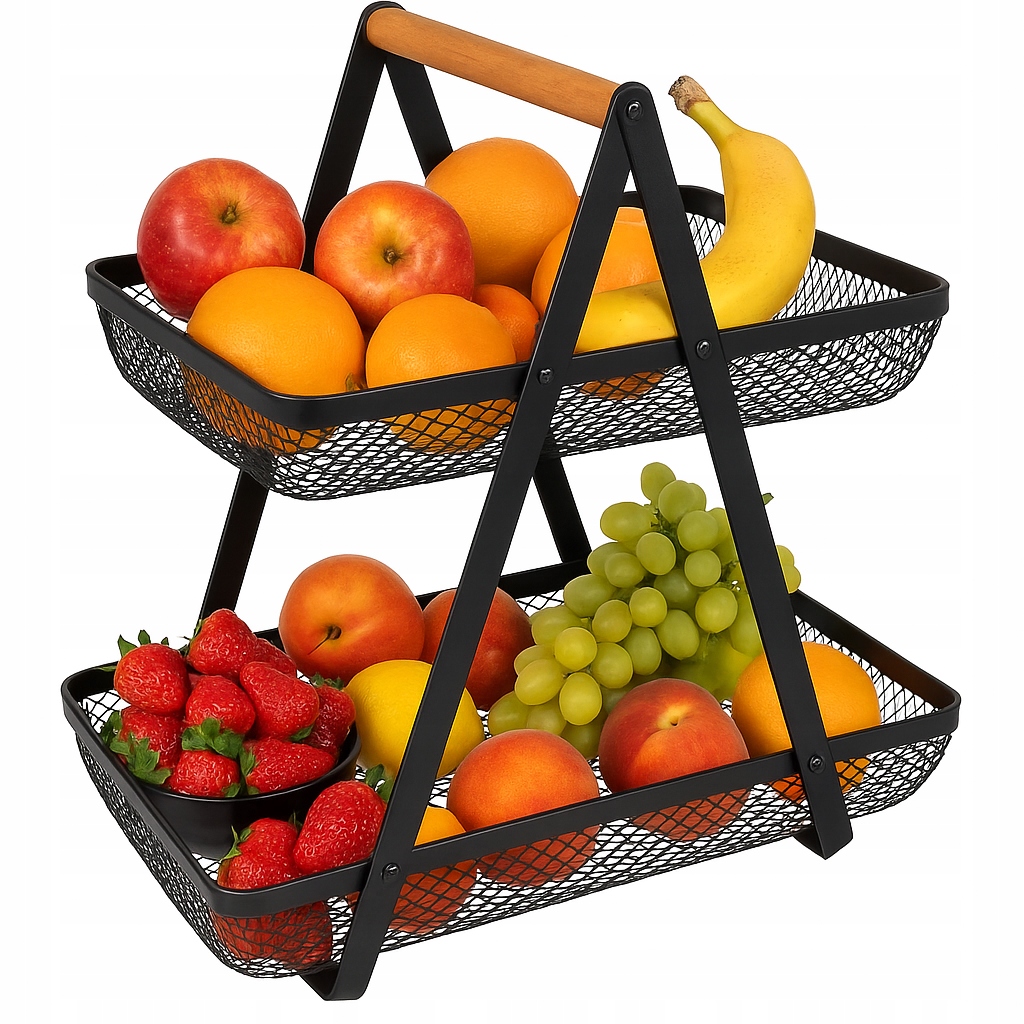 КОРЗИНА ДЛЯ ФРУКТОВ, ОВОЩЕЙ, МЕТАЛЛИЧЕСКАЯ КОРЗИНА, ЧЕРНЫЙ, 2 УРОВНЯ, ЛОФТ