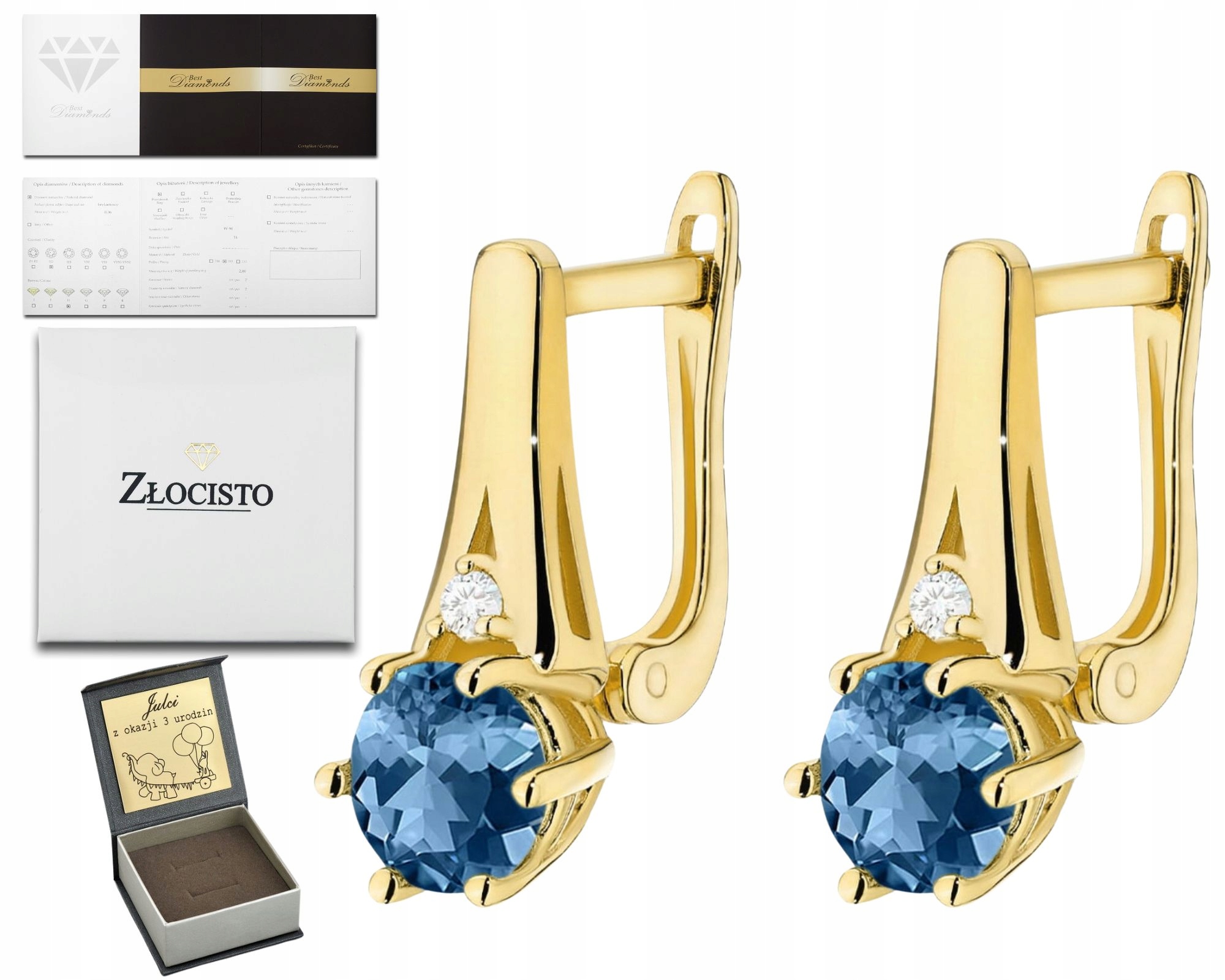 Zlaté Náušnice Topaz London Blue Brilianty Anglické Zapínání Zlato 585 14K