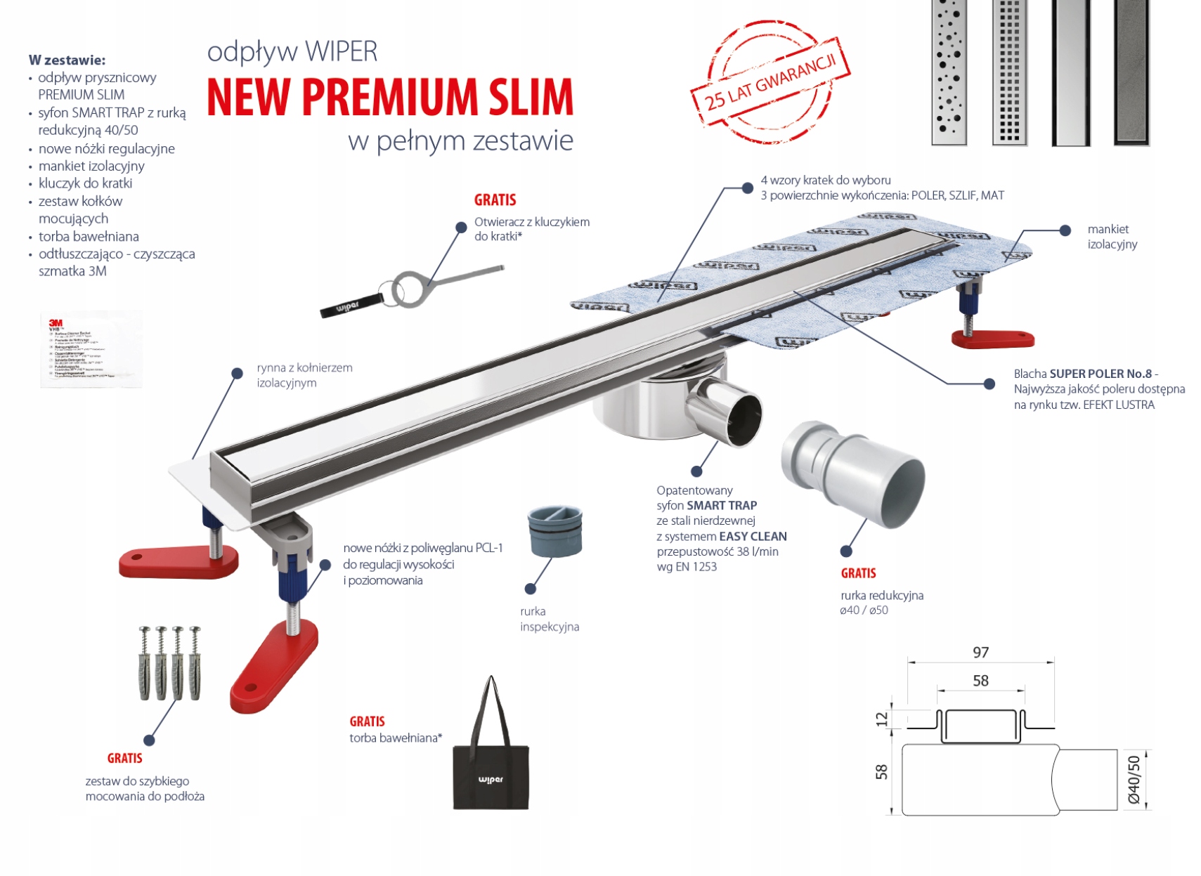Wiper odpływ liniowy Pure New Premium Slim 90 cm Rodzaj liniowy
