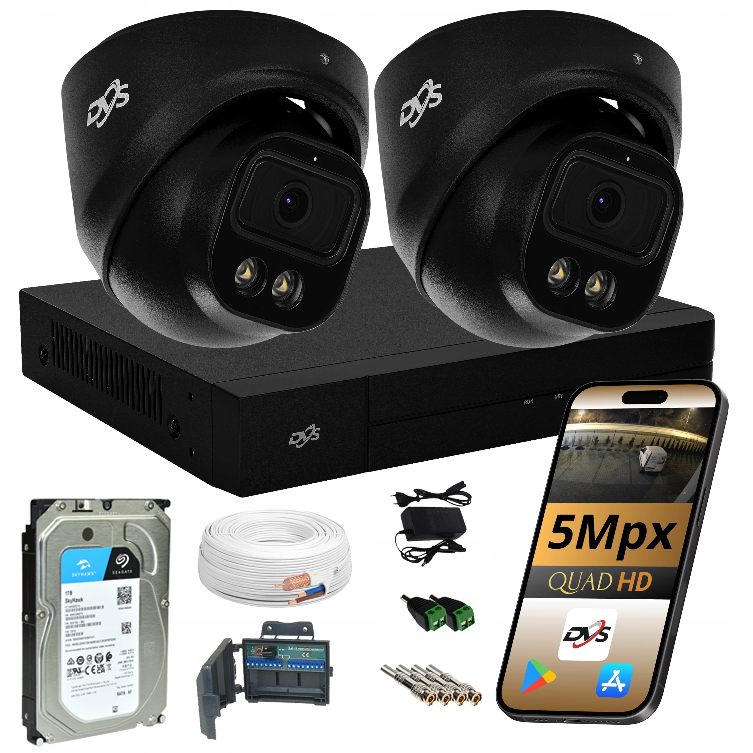 Sada 2 Venkovních Analogových Kamer Černá Kopulka 5Mpx Dual Disk 1TB