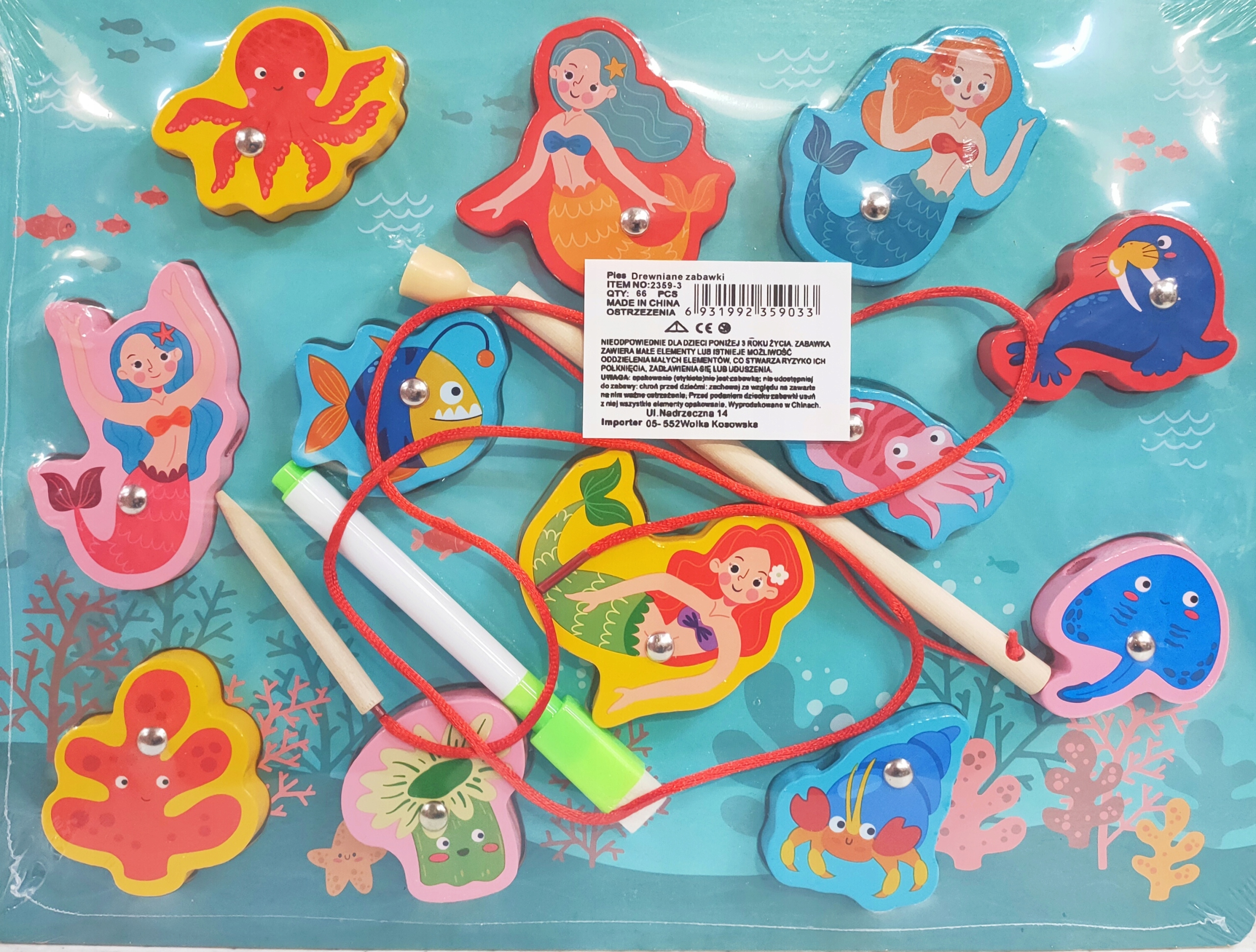 DREWNIANE RYBKI I SYRENKI NA MAGNES Z WĘDKĄ 4w1