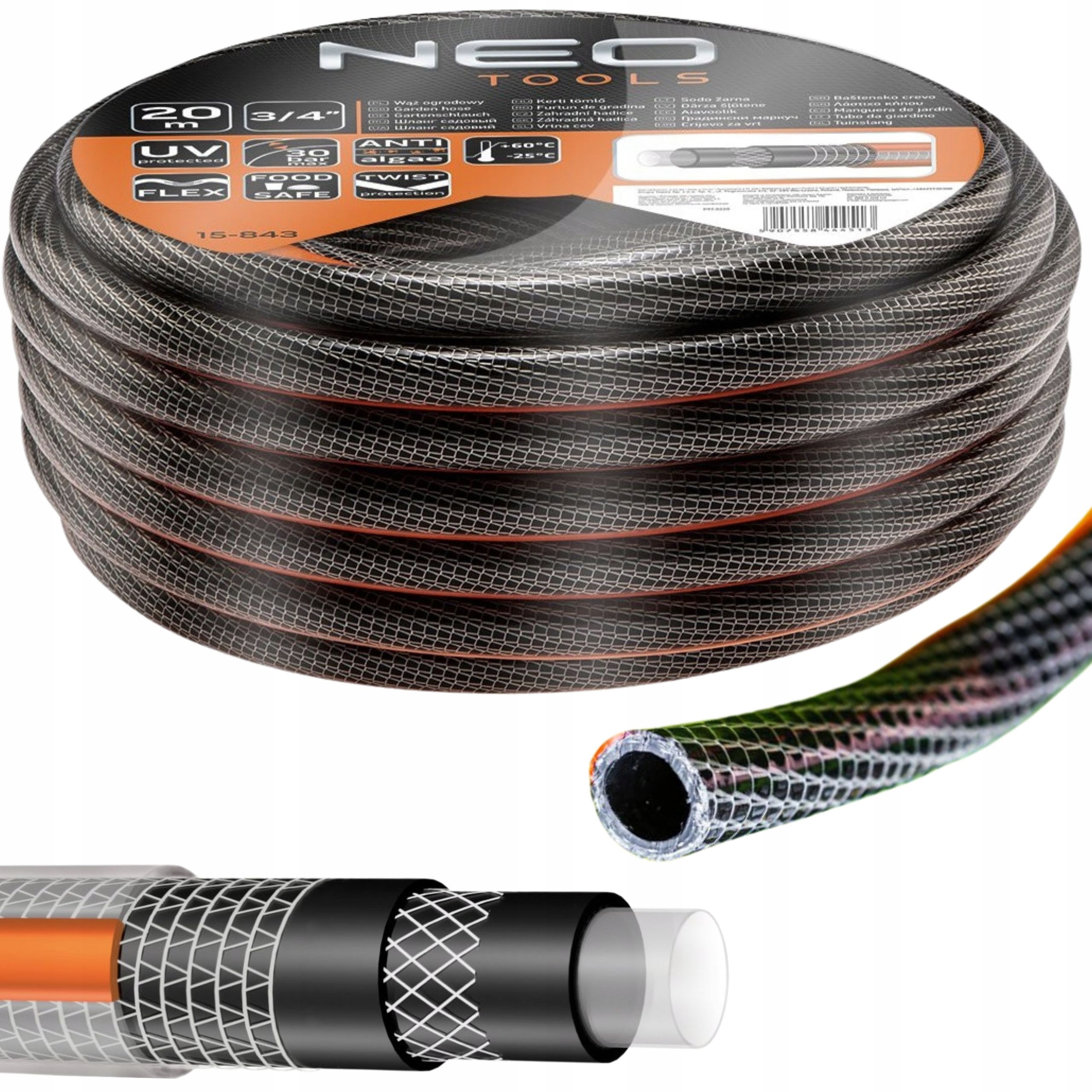 Wąż Ogrodowy 3/4 20m 6 Warstwowy Wytrzymały Nieskręcający 30 Bar Pro Neo