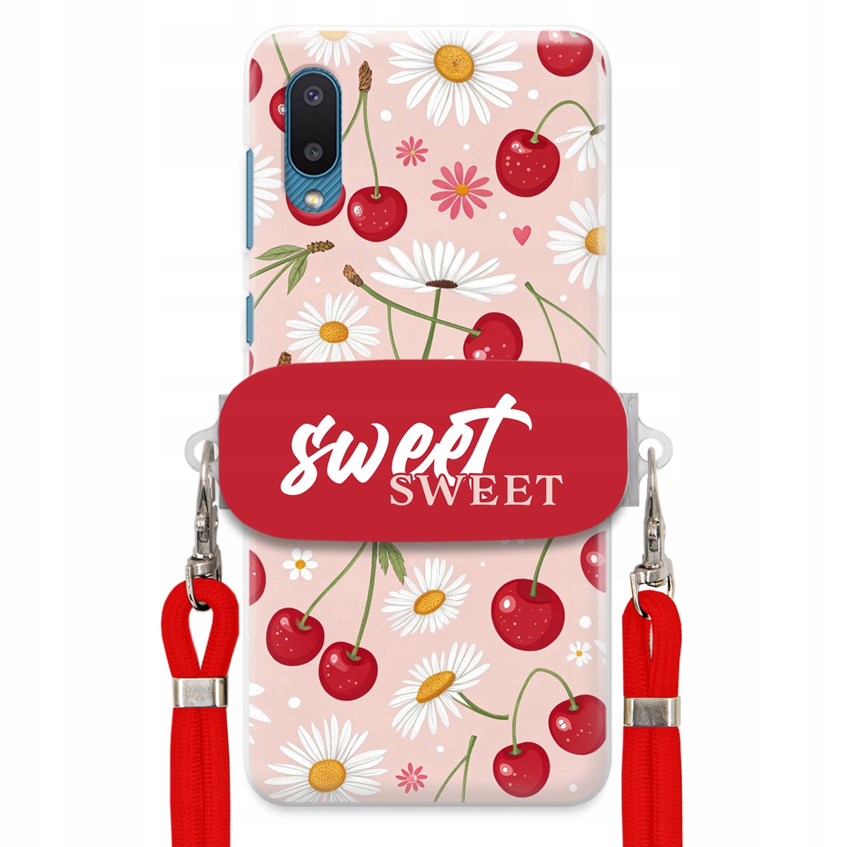 Puzdro pre Samsung A02 Červené vodítko držiak Sweet Sweet Čerešňa a sedmokráska