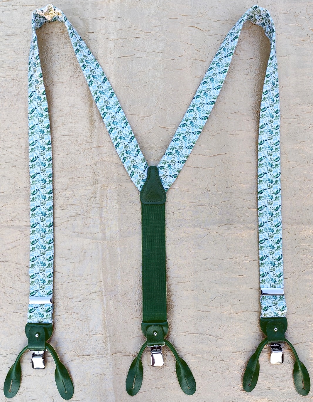 SZELKI Z LNU ZIELONE NA GUZIKI 2w1 LIŚCIE BOHO LEN Wzór dominujący print (nadruk)