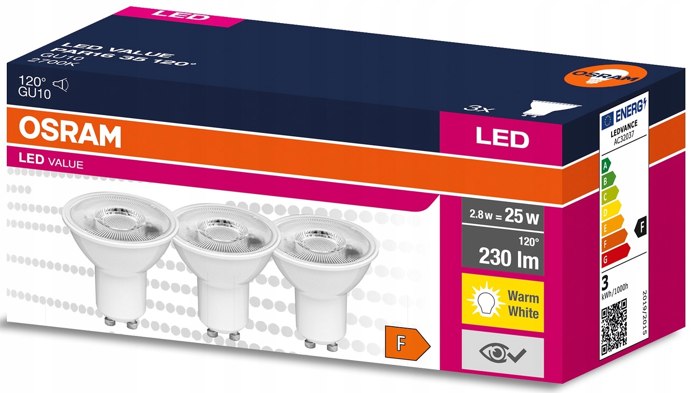 

3 x Osram reflektor Value Led 2.8W 2700K GU10 120°