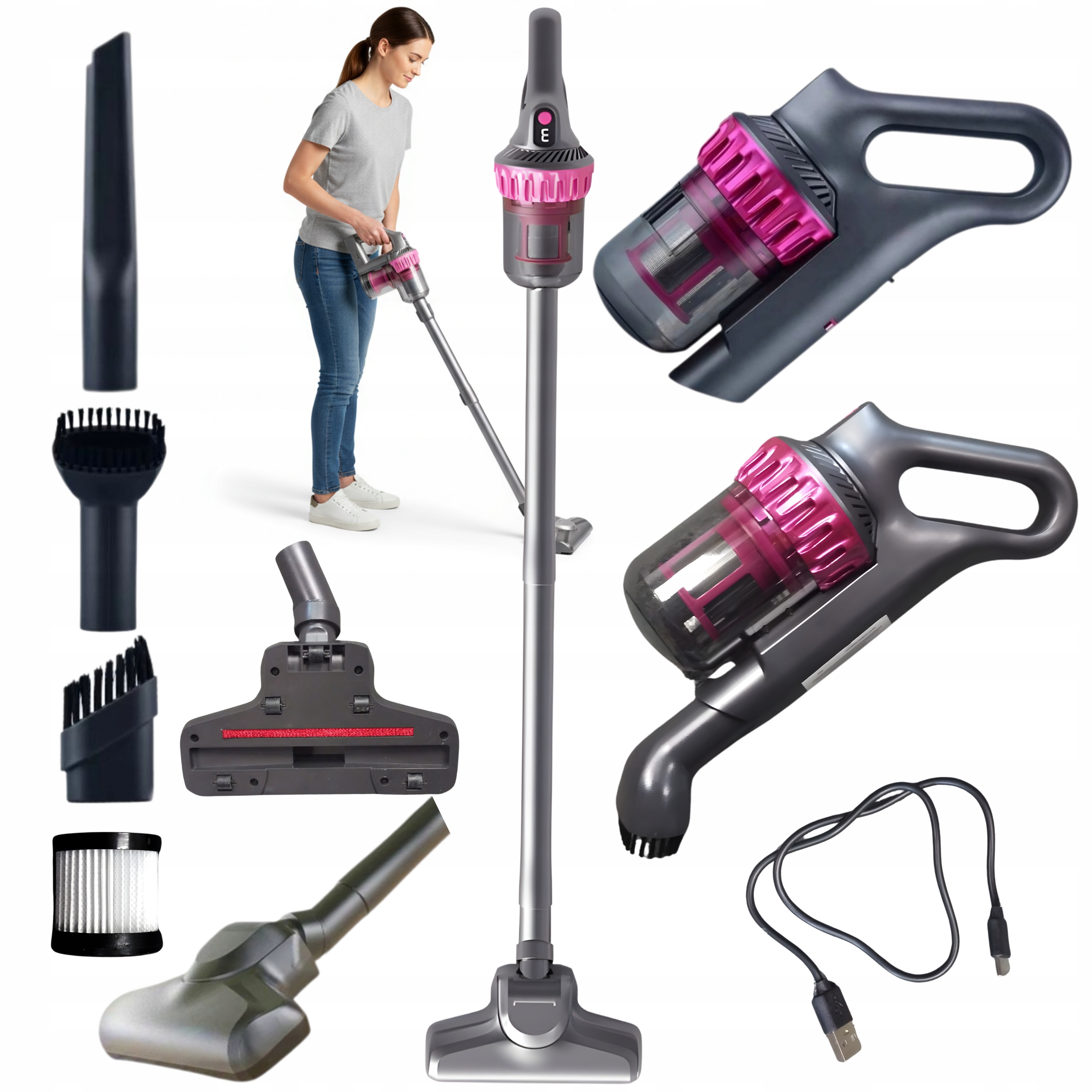 Vysavač Vertikální Bezsáčkový Ruční Vysavač 2V1 Hepa Filtr 4 Nástavce