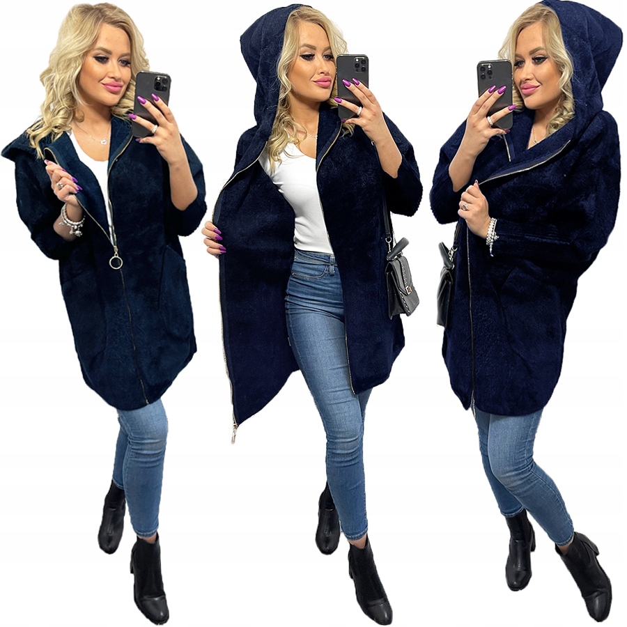 Alpaki Zip Kabát Vlna Barvy oversize Dlouhý Tmavě Modrý