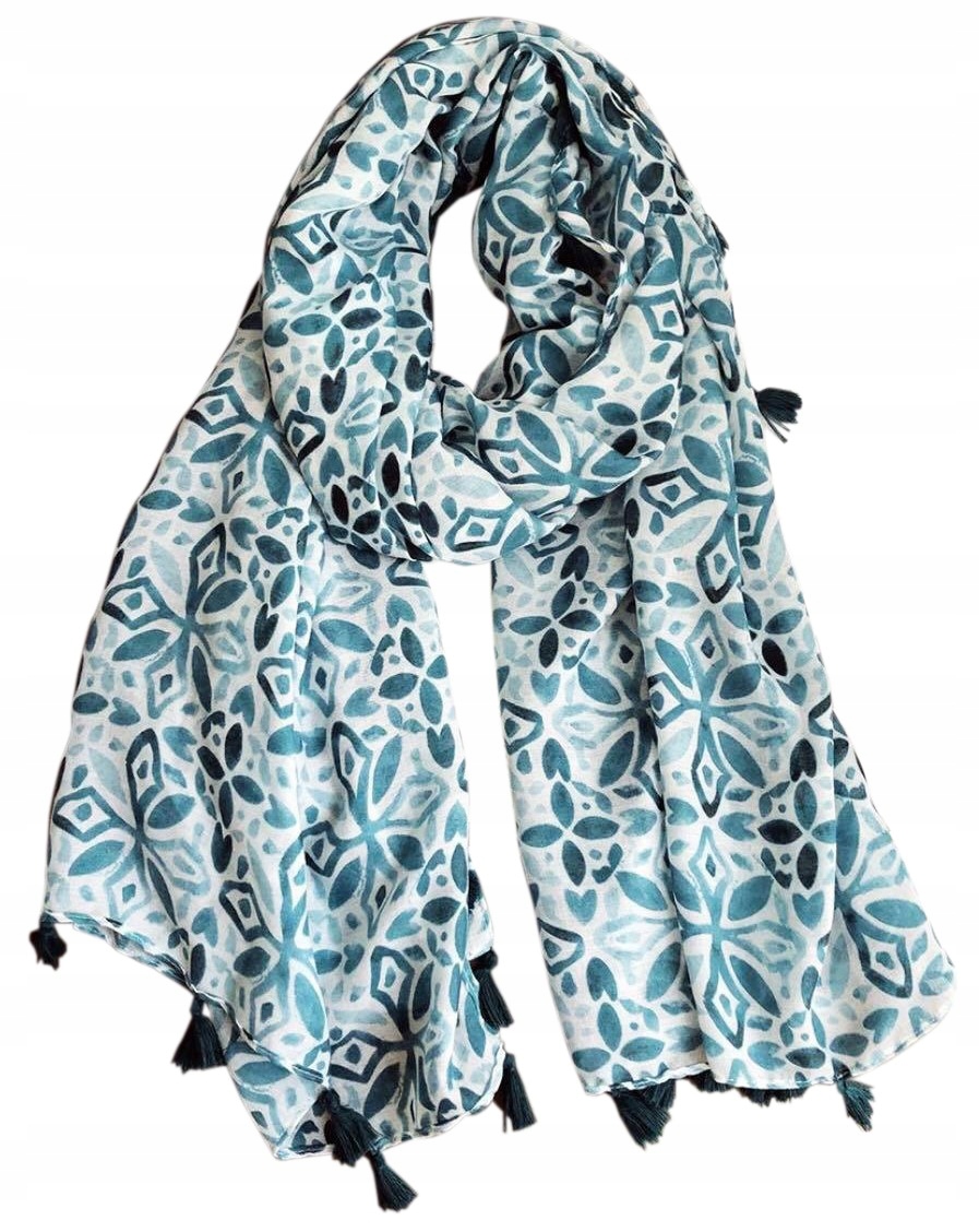 

Szal Szalik Damski zielony print frędzelki Boho