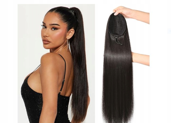 Prodloužení culíku Reecho dlouhé s stahovací šňůrkou na vlasy černé 70 cm K1#