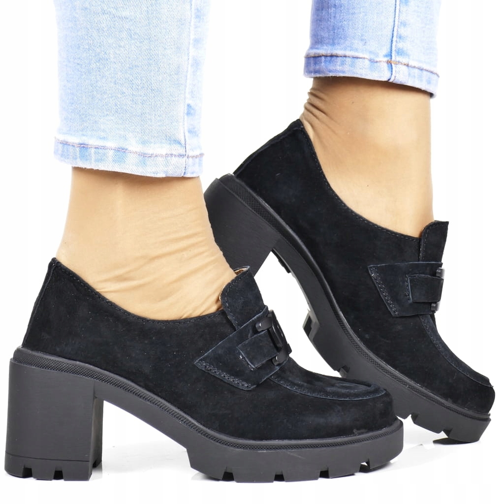 iButy Kožené Polobotky Mokasíny Na Podpatku Černé Semišové Pohodlné