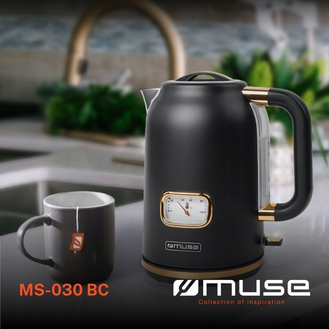 MUSE Retro Czajnik Elektryczny Stalowy 1,7L Analogowy Termometr Filtr Czarn — miniatura 2