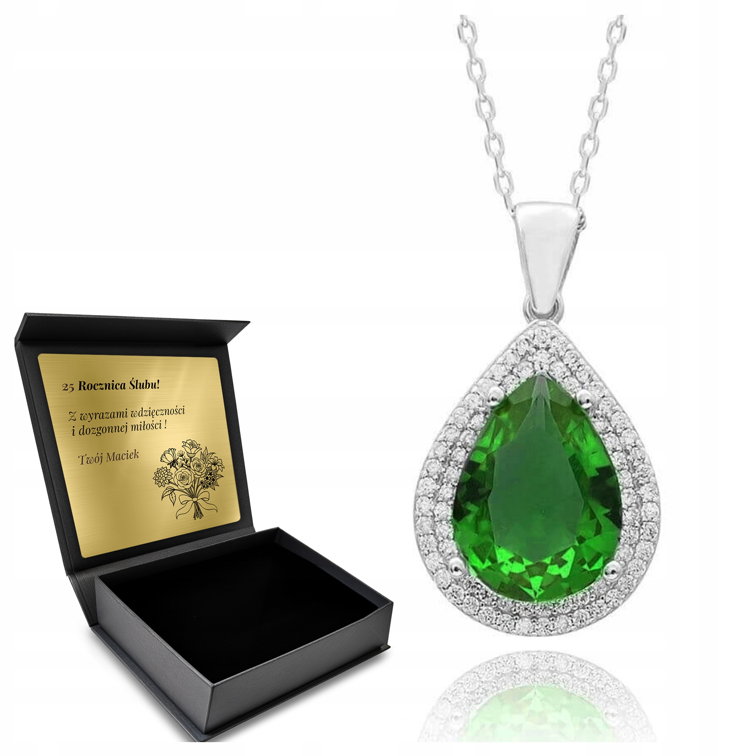 Stříbrný Náhrdelník 925 Zirkony A Smaragd Dárek pro ženu Gravírování