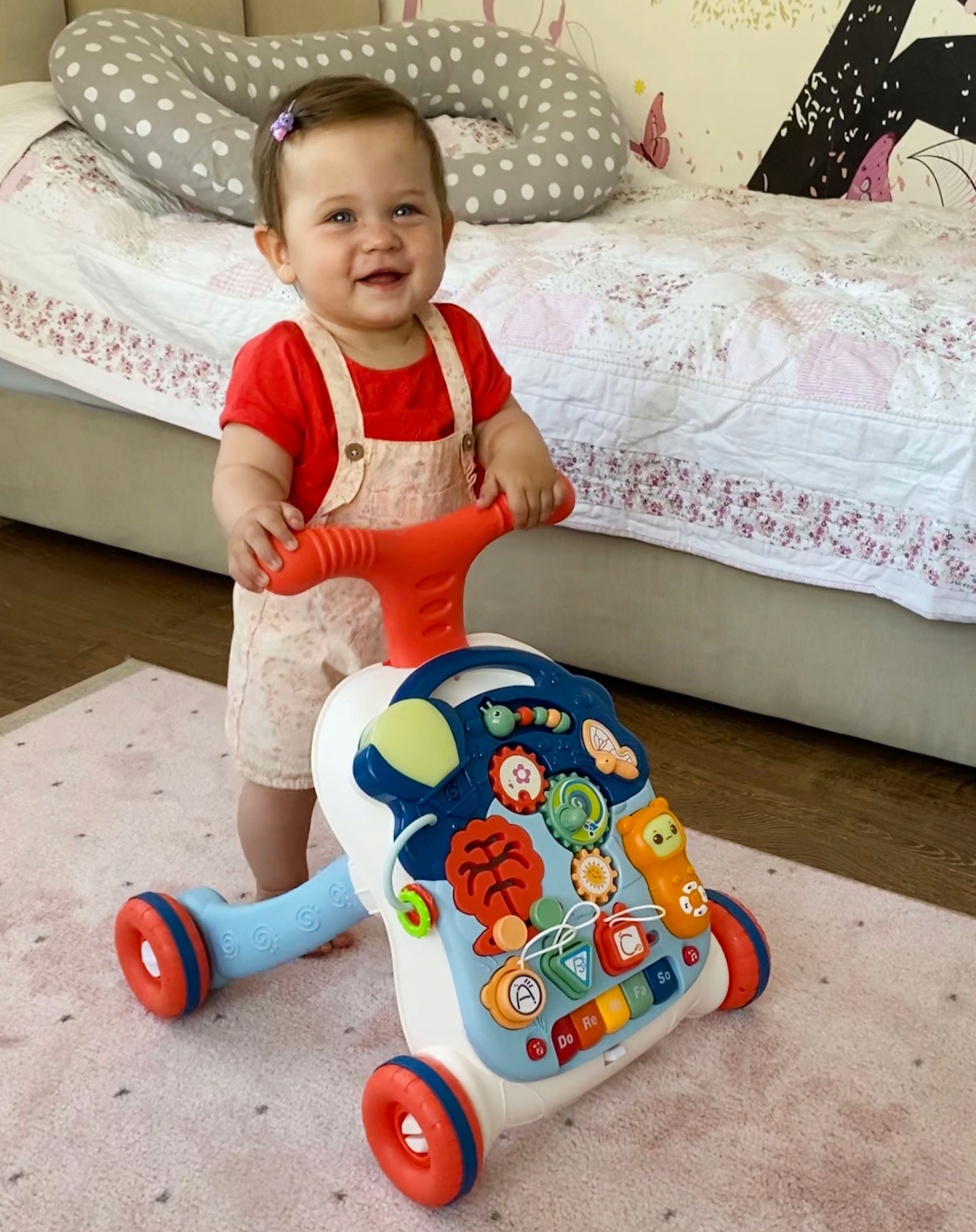 WALKER interaktyvus stūmiklis-edukacinis stalas 6in1 mokymosi vaikščioti žaislas su garso efektais, LED apšvietimu ir šviesa