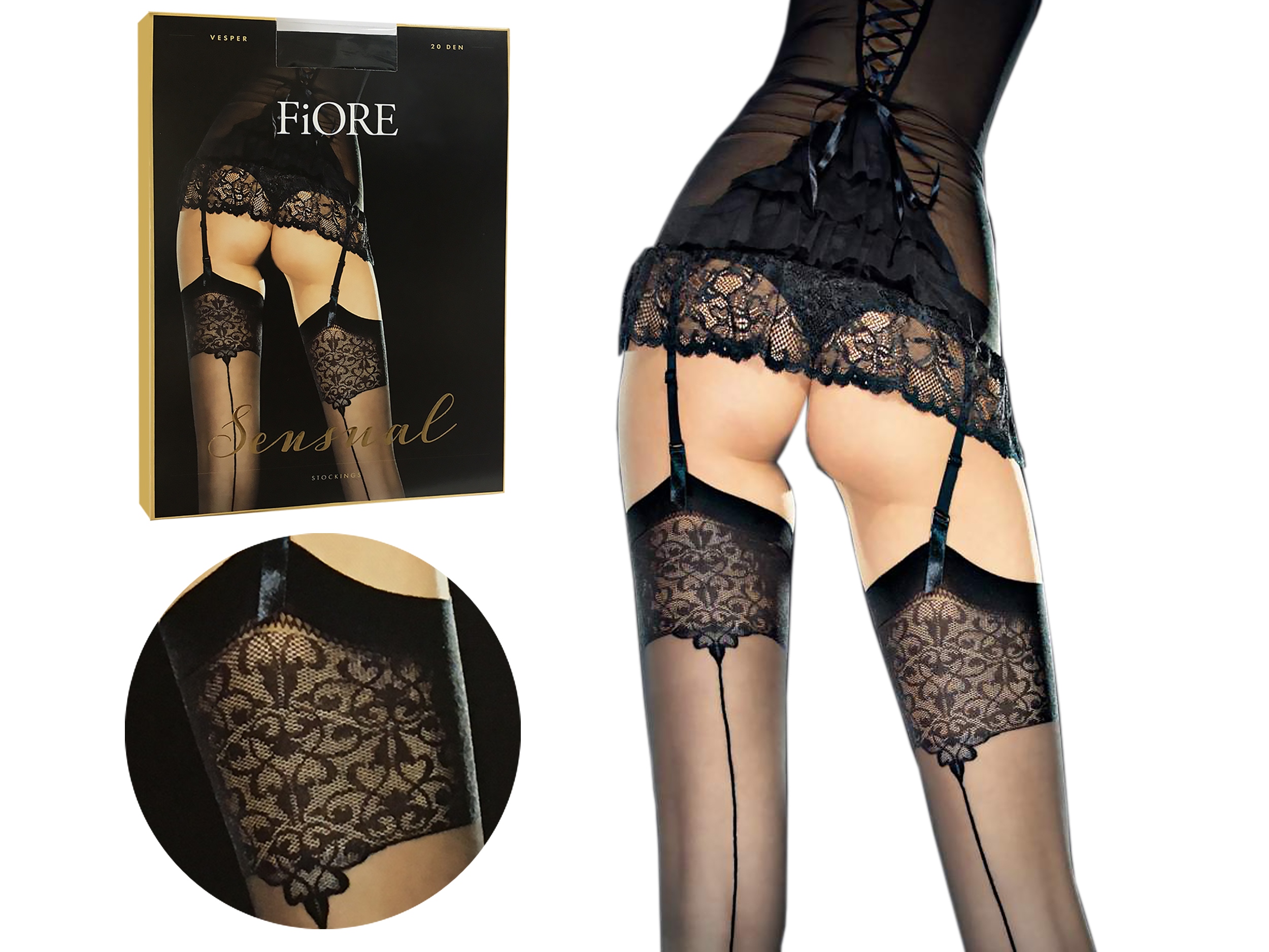 

Pończochy do pasa Fiore Vesper ze szwem czarny 3-M