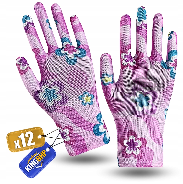 RĘKAWICE OGRODOWE Rękawiczki robocze KWIATKI Damskie POWLEKANE PU x12