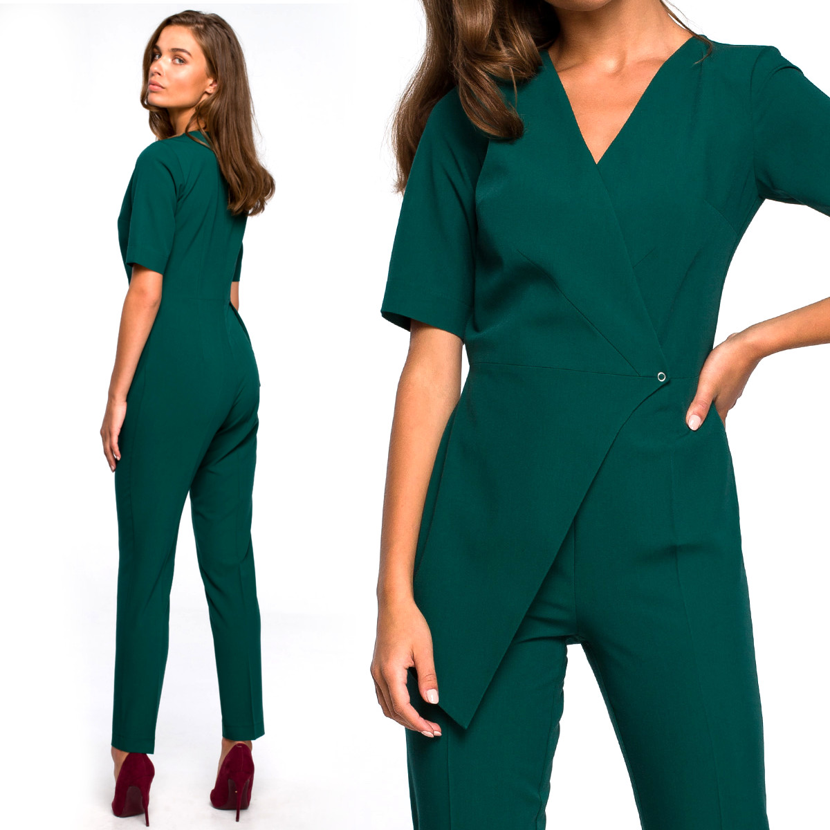 KOBIECY ELEGANCKI DAMSKI KOMBINEZON Z PODWÓJNYM PRZODEM ZIELONY 36 S