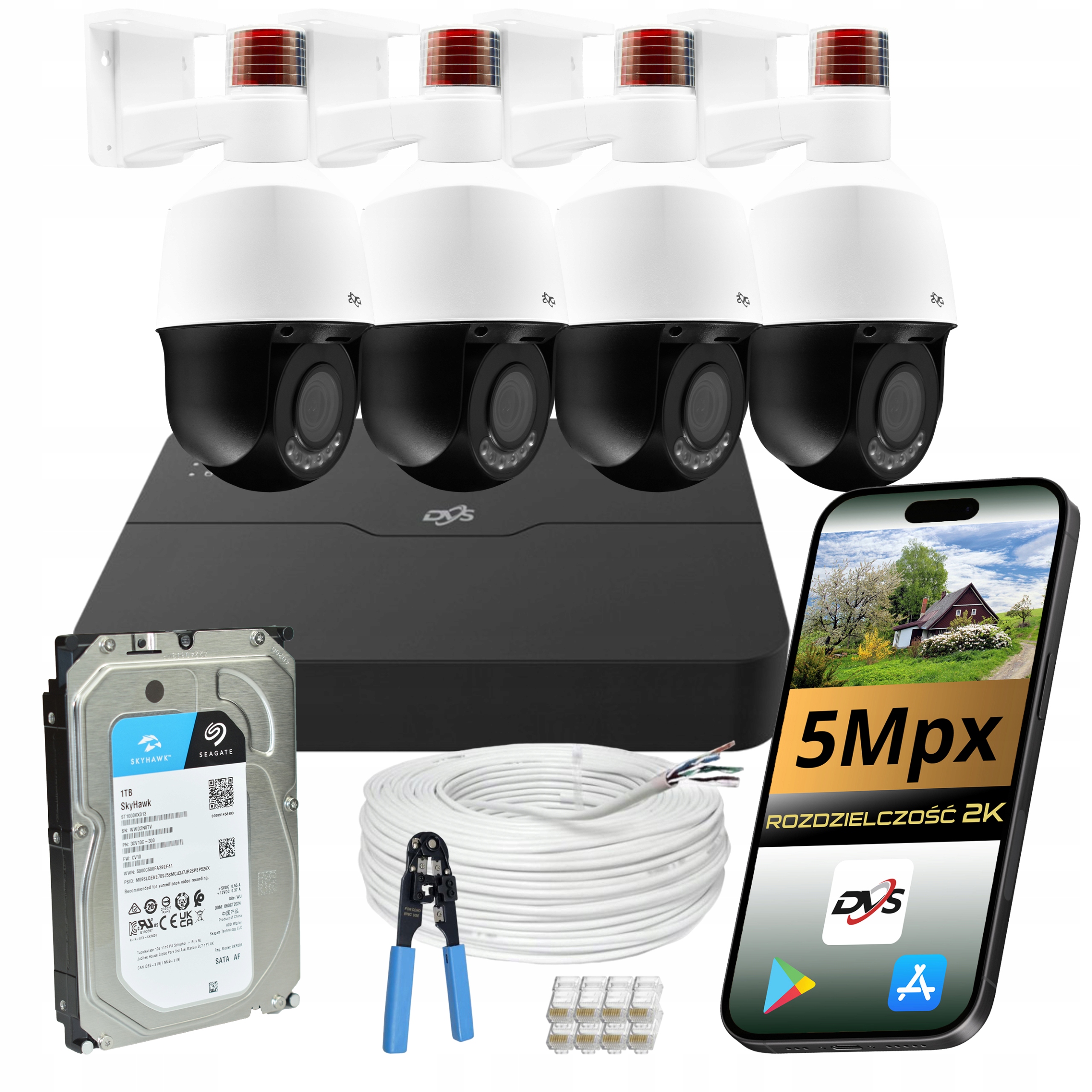 Set Kamer Monitoring Ip 4x Kamera 5MPX Poe Otočný Disk 1TB Ptz Smart