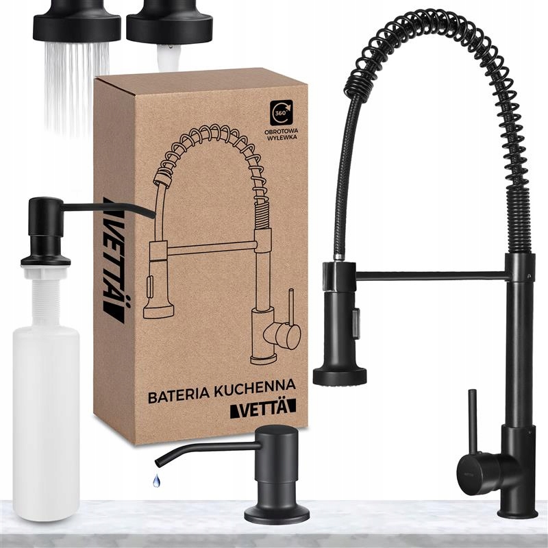 Kuchyňská baterie s flexibilním otočným výtokem, černá Dávkovač