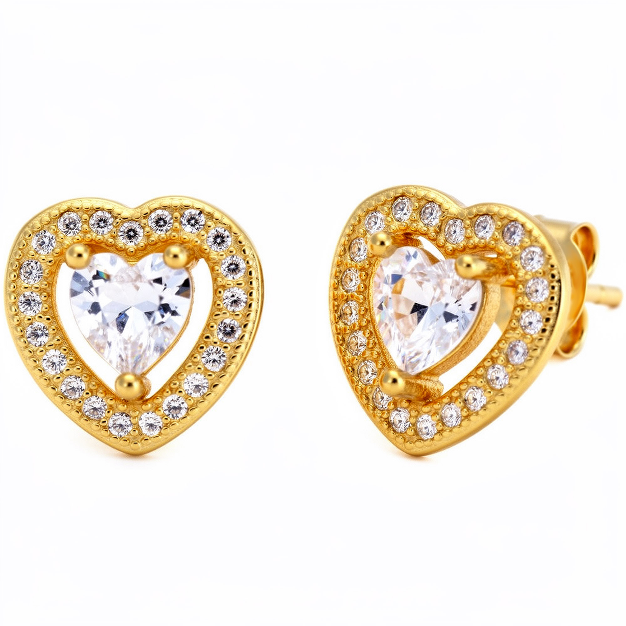 Srebrne Pozłacane Kolczyki Na Sztyfcie Serca Serduszka Z Cyrkoniami