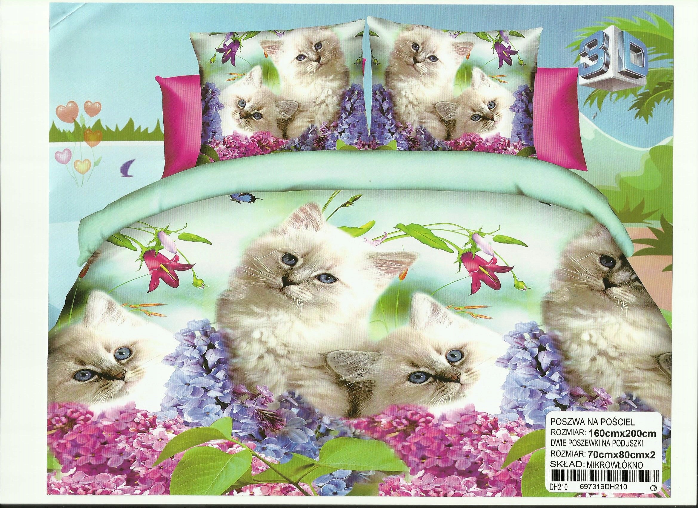 

Miętowy Komplet Pościeli 140x200 Małe Kotki W Bzie