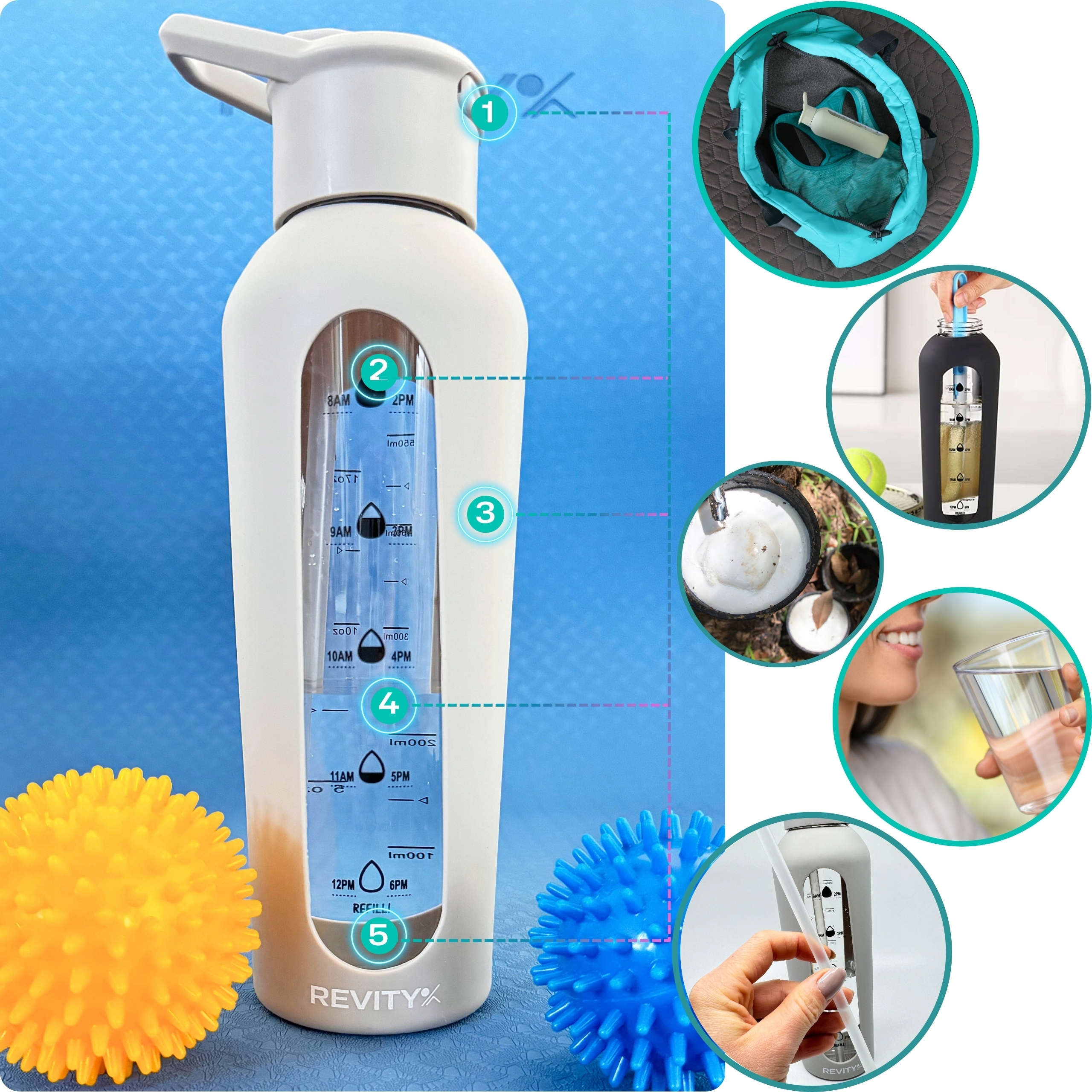 SZKLANA BUTELKA NA WODĘ MOTYWACYJNA WIELORAZOWA TRWAŁA SZCZELNA ZE SŁOMKĄ Model Butelka na wodę szklana shaker ze słomką dziubkiem