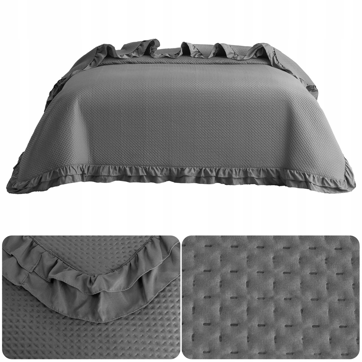 Narzuta na łóżko kanapę 220x240 pikowana z Falbaną Rosella Szara