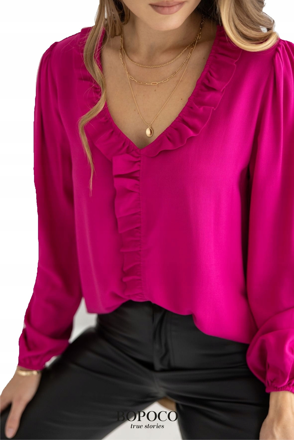 

Bluzka V neck z falbanką fuksja Bopoco 40 L