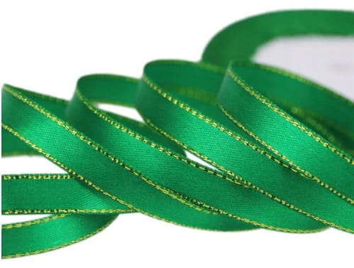 

Wstążka satynowa 12mm zielona ze złotą nitką