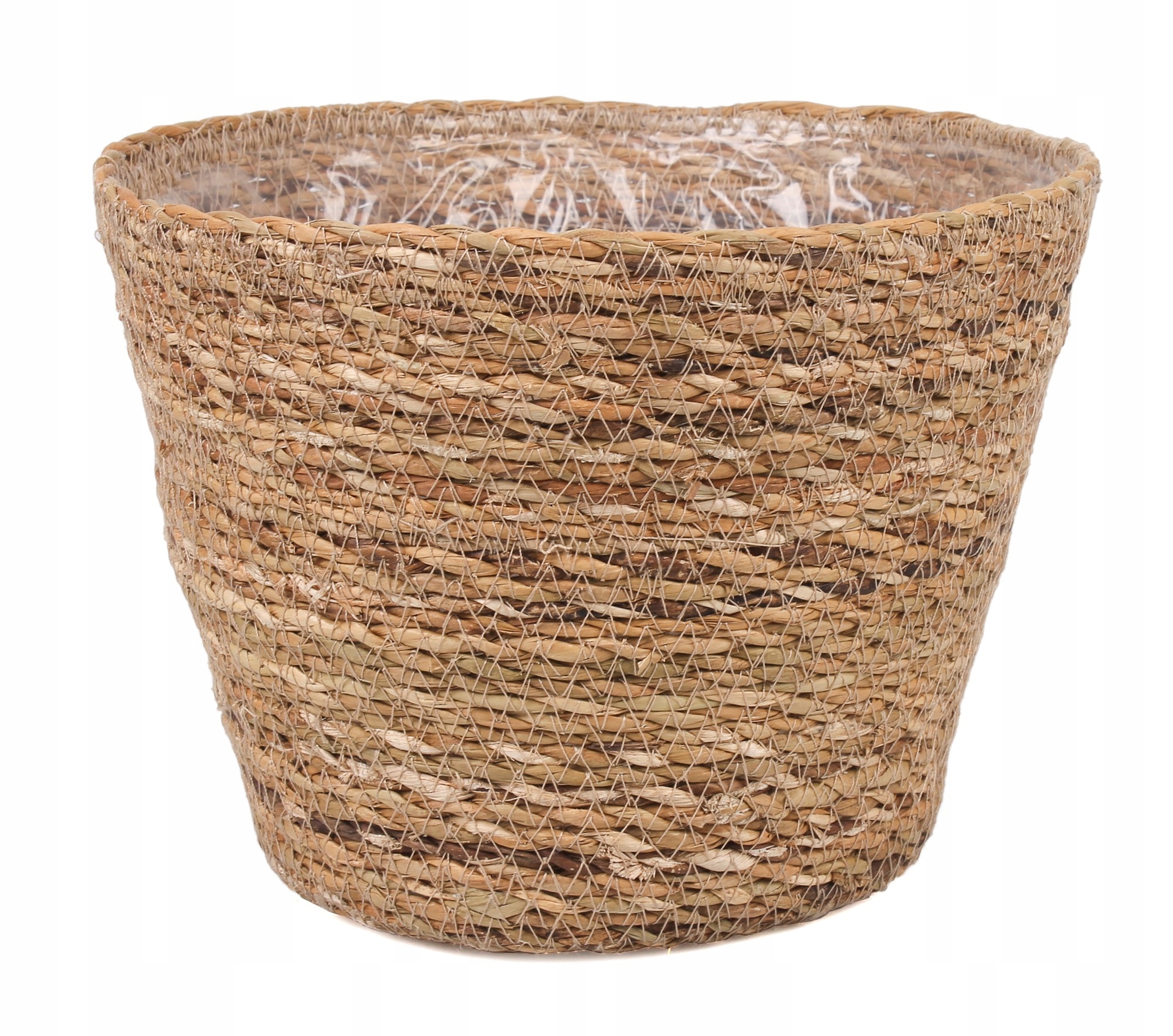 OKRĄGŁY KOSZ Z TRAWY MORSKIEJ BOHO Z FOLIĄ 24x24x18 cm