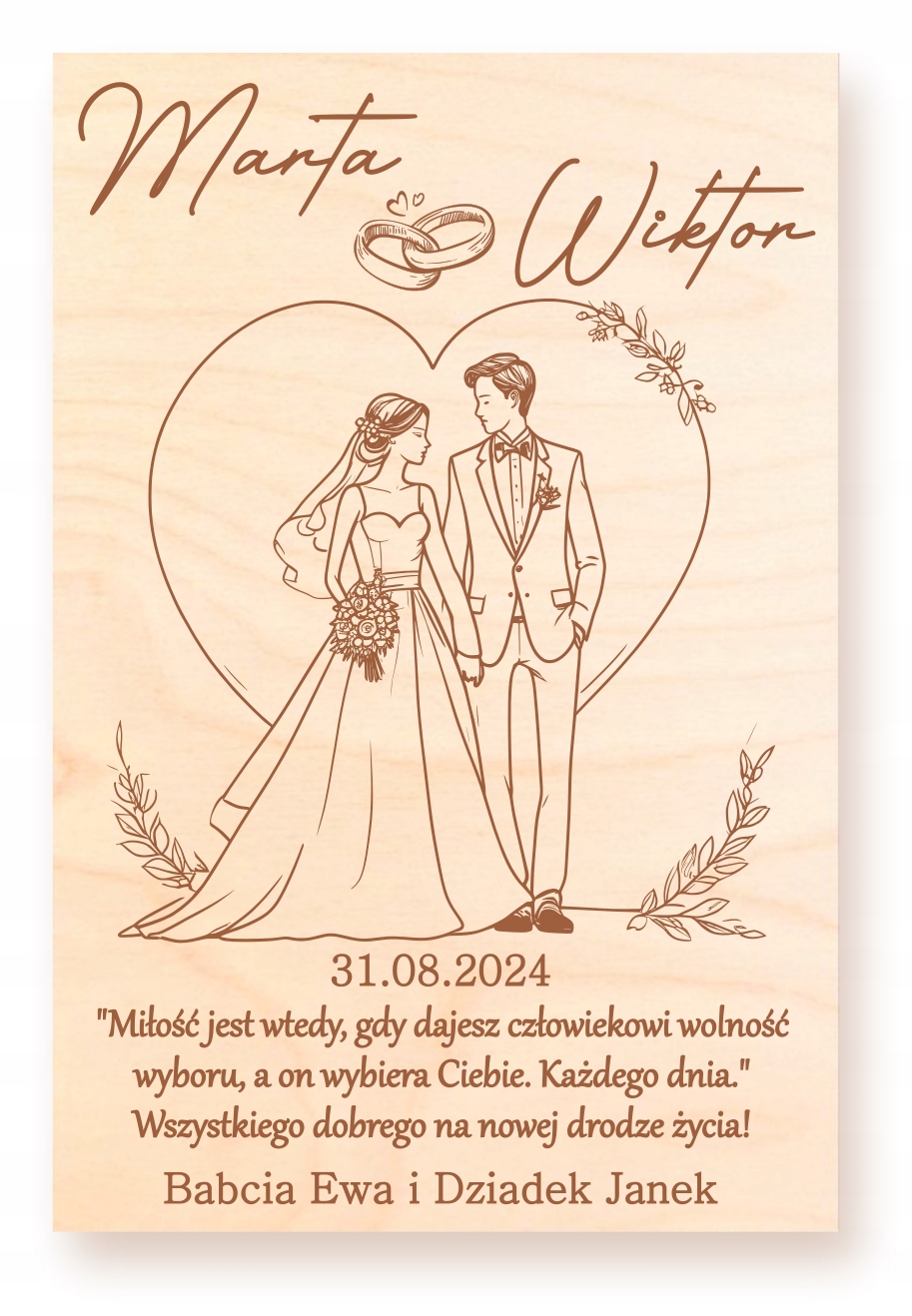 ŚLUB KARTKA ŚLUBNA PERSONALIZOWANA DREWNIANA PREZENT OD BABCI I DZIADKA Marka inny