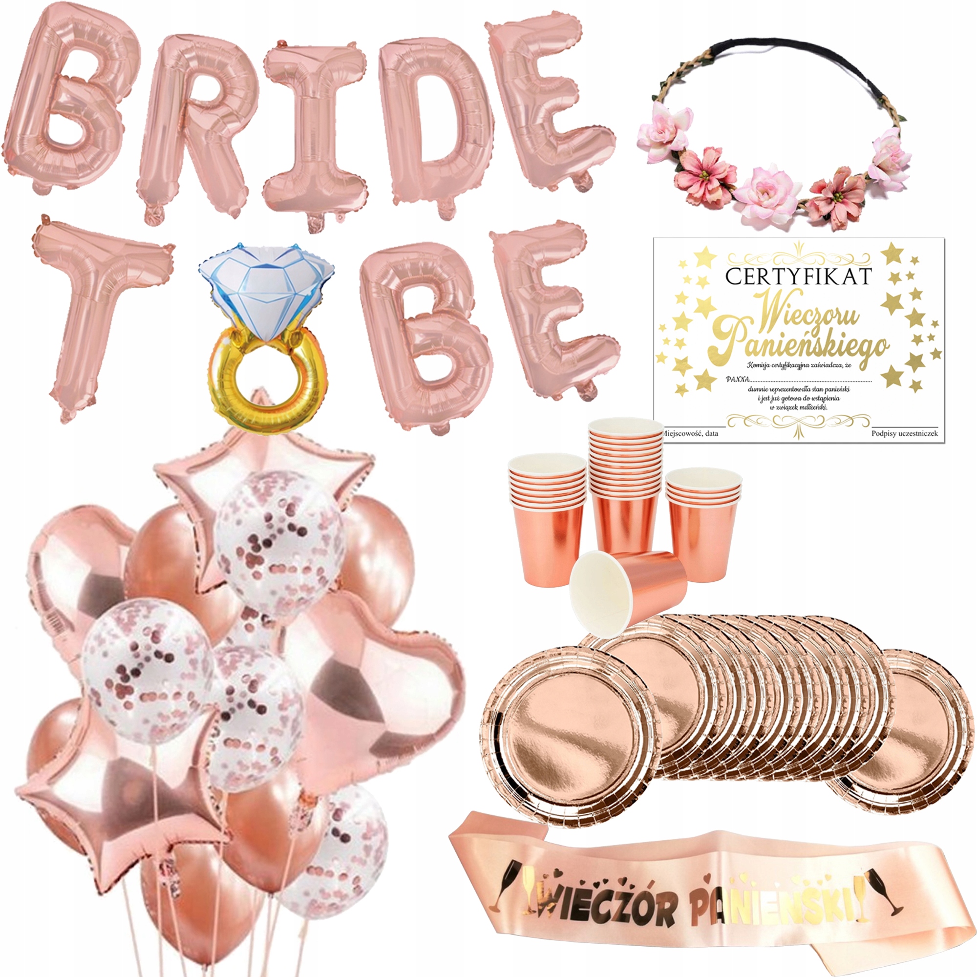 

Zestaw Balony Na Panieński Rose Gold Certyfikat Y2