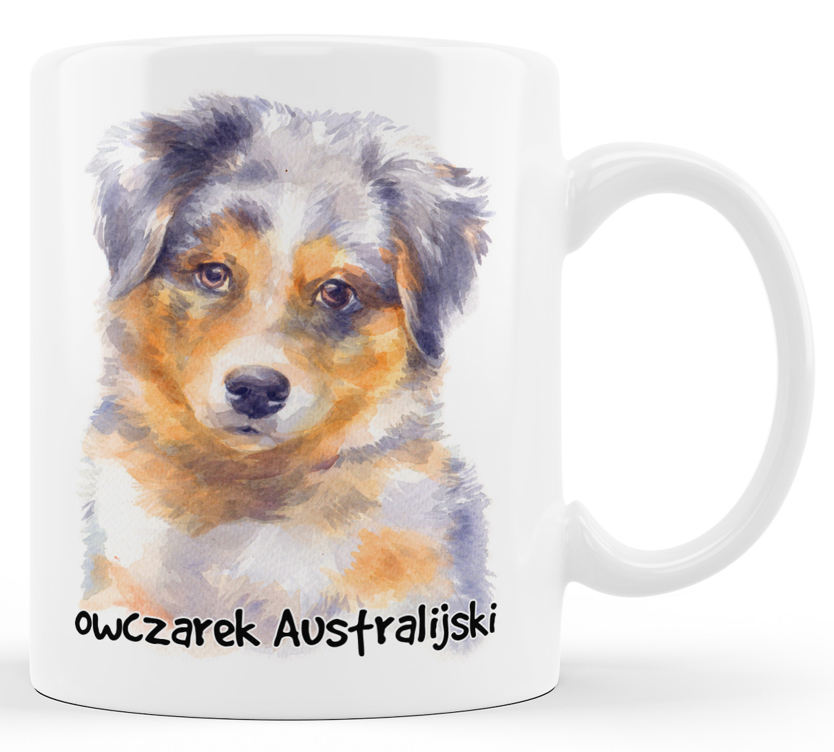 

Kubek z małym Owczarkiem Australijskim.