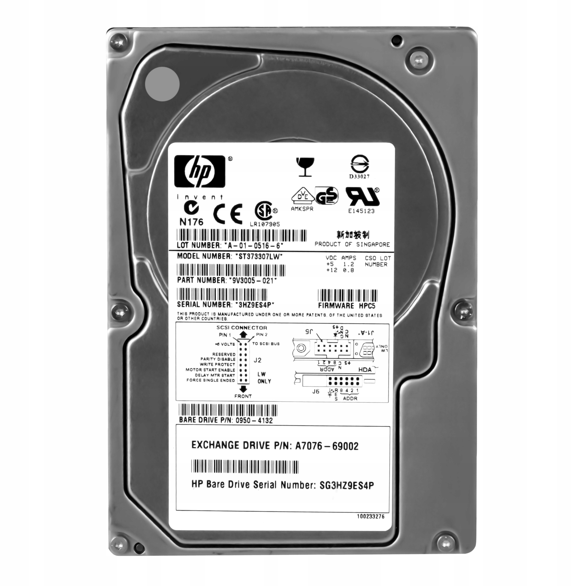 Hp 0950-4132 A7076-69002 73GB 10K 8MB Scsi U320 3,5'' ST373307LW