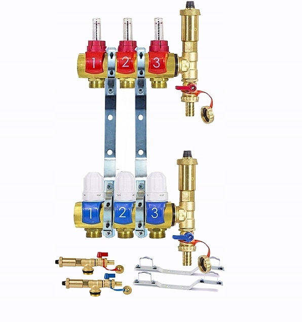 Rozdeľovač 3 Okruhy Sekcie Pre Podlahové Vykurovanie Podlahy Mosadzný