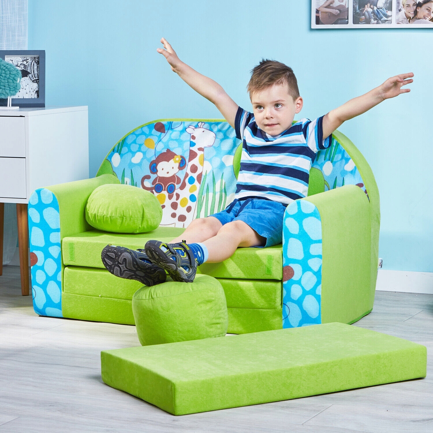 Łóżko dla Dzieci Kanapa Sofa Rozkładana Piankowa + Pufa + Poduszka Marka Welox