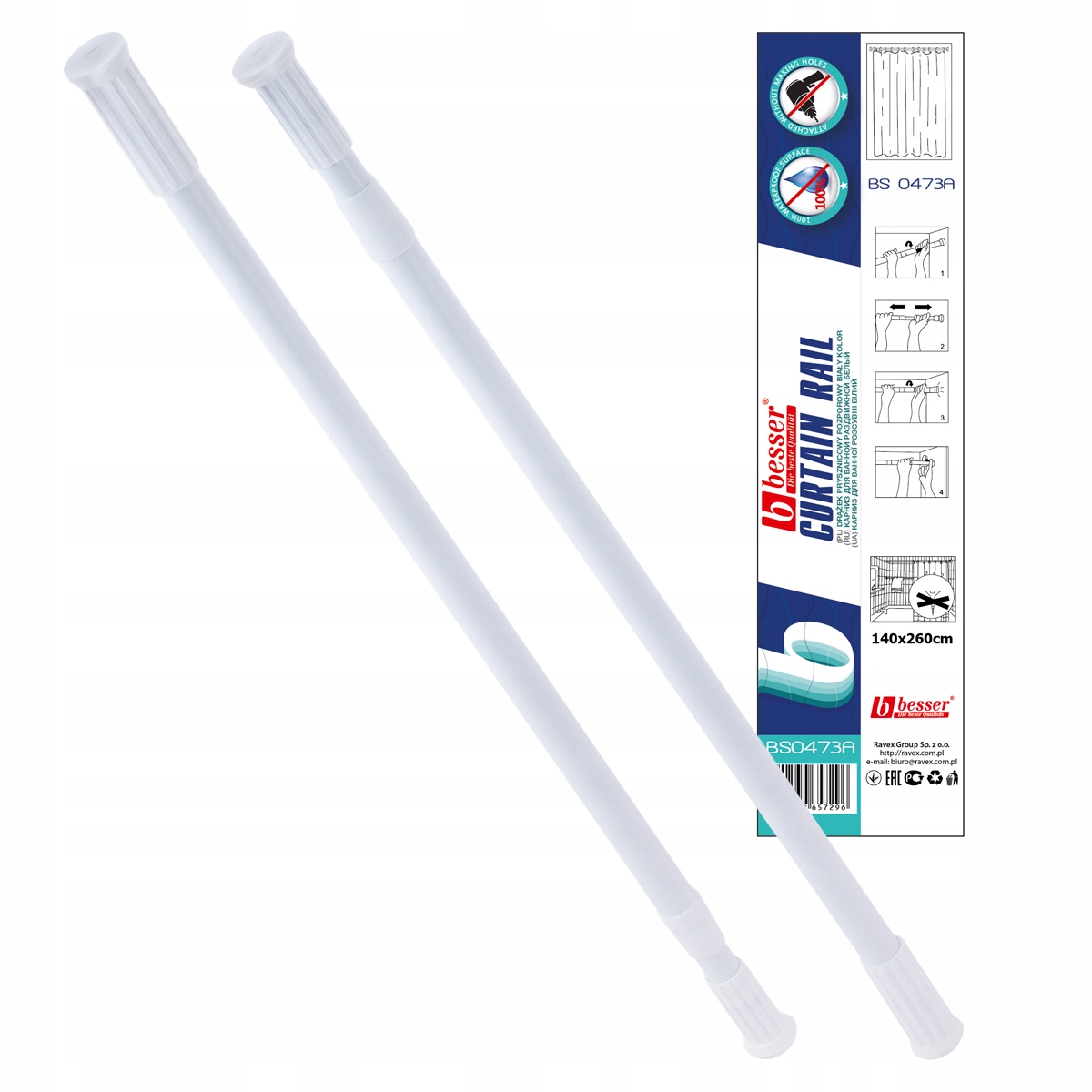 DRĄŻEK PRYSZNICOWY ROZPOROWY DO ZASŁONY 140-260 cm Kolor biały