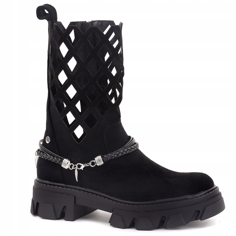 Černé dámské kotníkové boty ažurové boty s odnímatelnými ozdobami na kotník