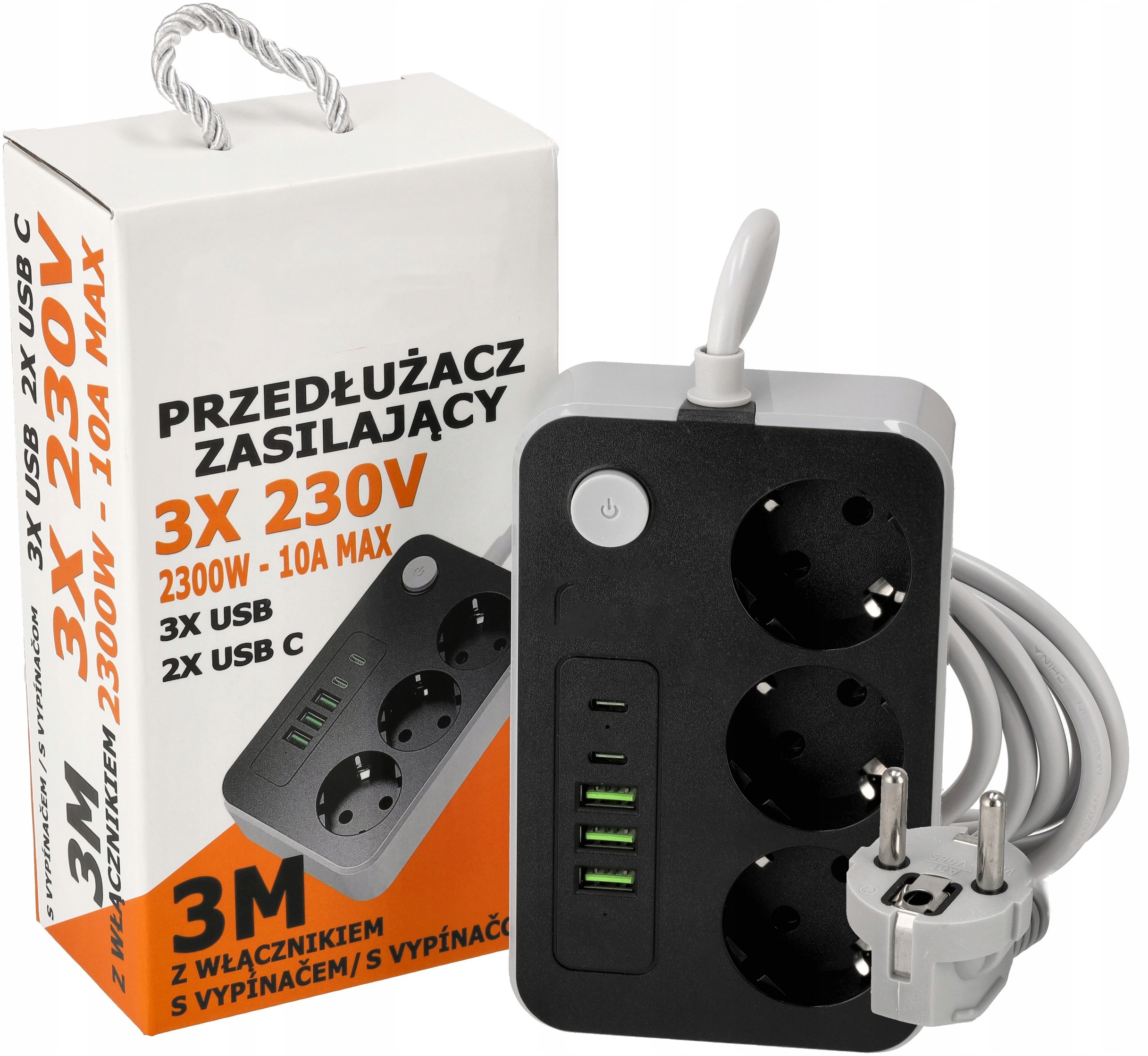 PRZEDŁUŻACZ LISTWA ZASILAJĄCA 3 GNIAZDA + 3x USB + 2x USB TYP C 3m ...