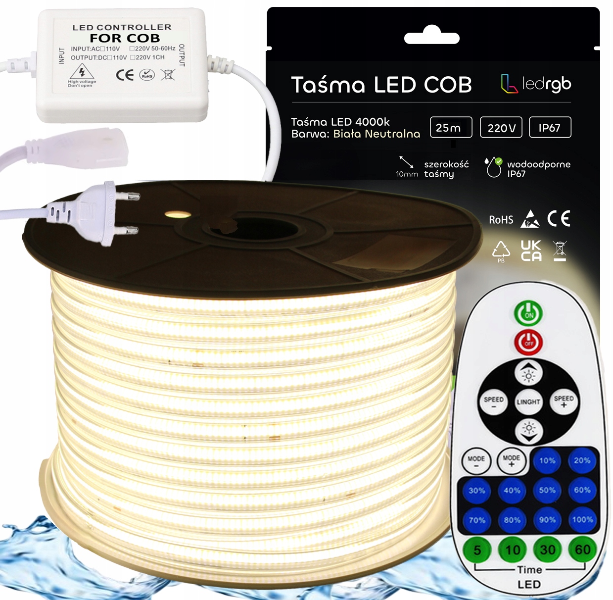 Set Led pásek Cob 230V 25 m 4000K Bílý Neutrální Stmívač Dálkový Ovladač Ir