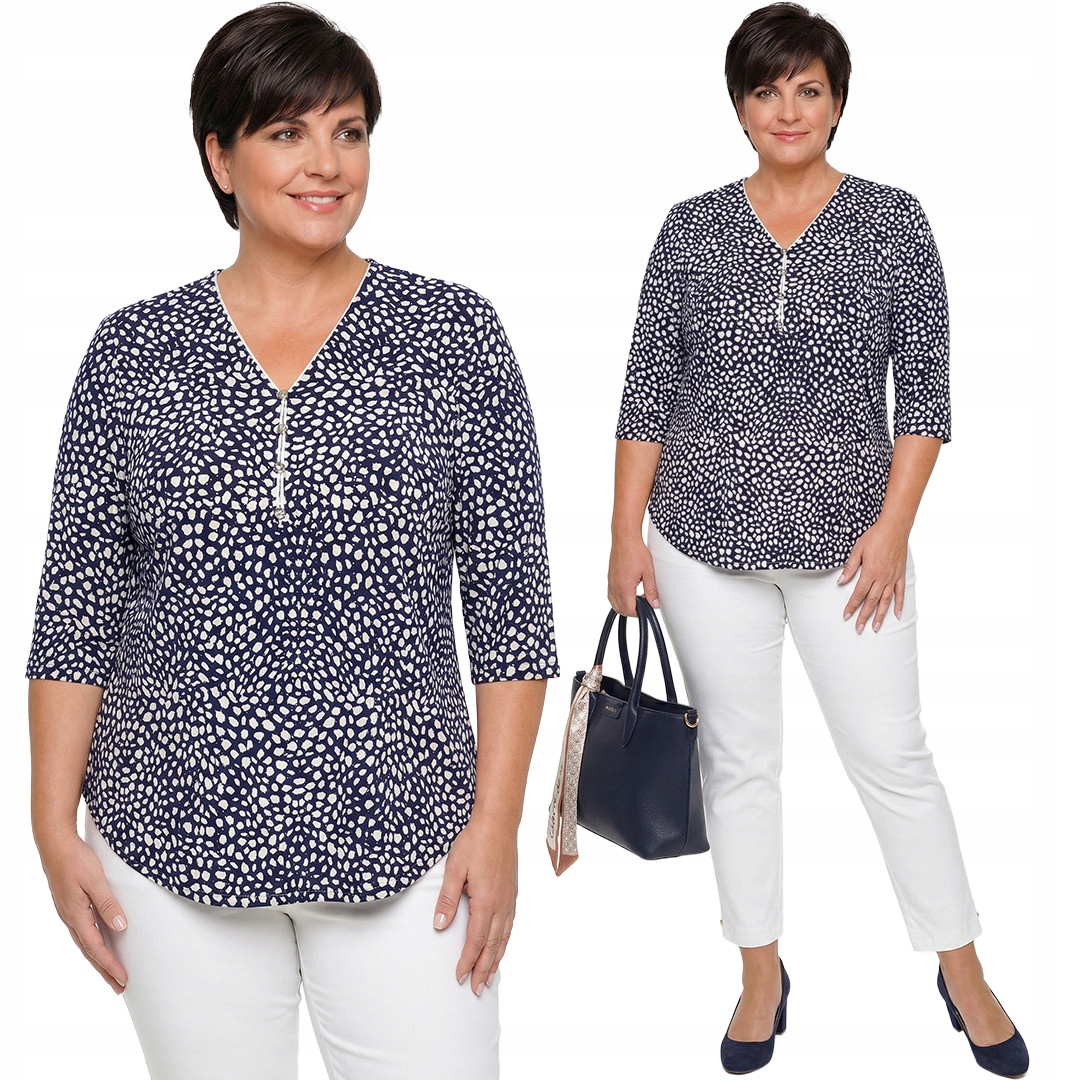 Tmavě modrá halenka s puntíkovaným vzorem a zábleskem plus size velikost 54