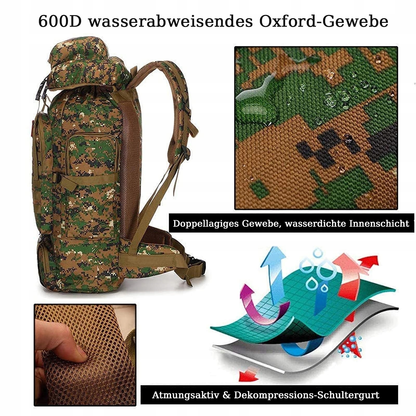 KABXHUEO Plecak Turystyczny 80L Wodoodporny Survival Molle Outdoor — miniatura 3
