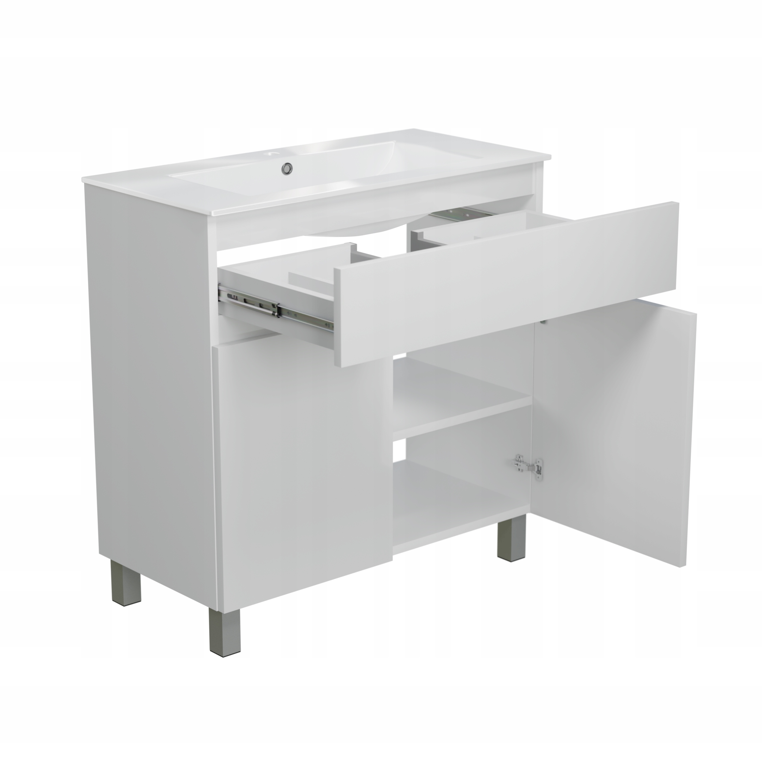 Priestranná skrinka do kúpeľne s umývadlom na nožičkách, Mdf, biela lesklá, zásuvka