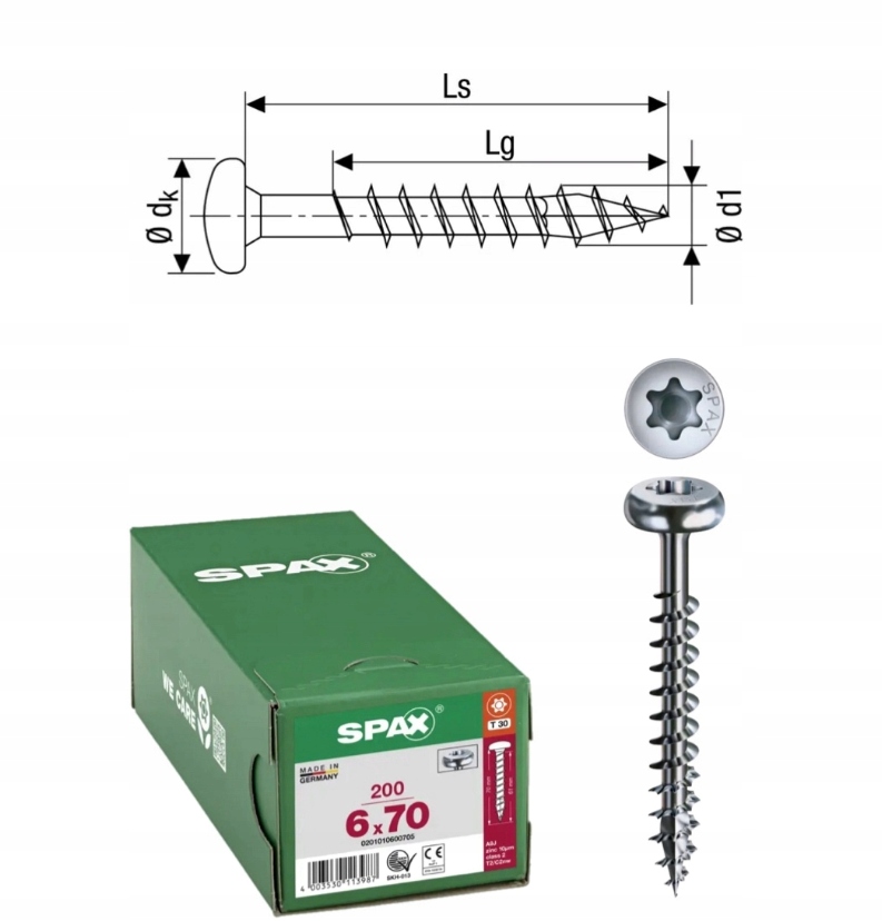 Univerzální vrut do dřeva spax 6 x 70 Wirox Hb Tx 200 ks