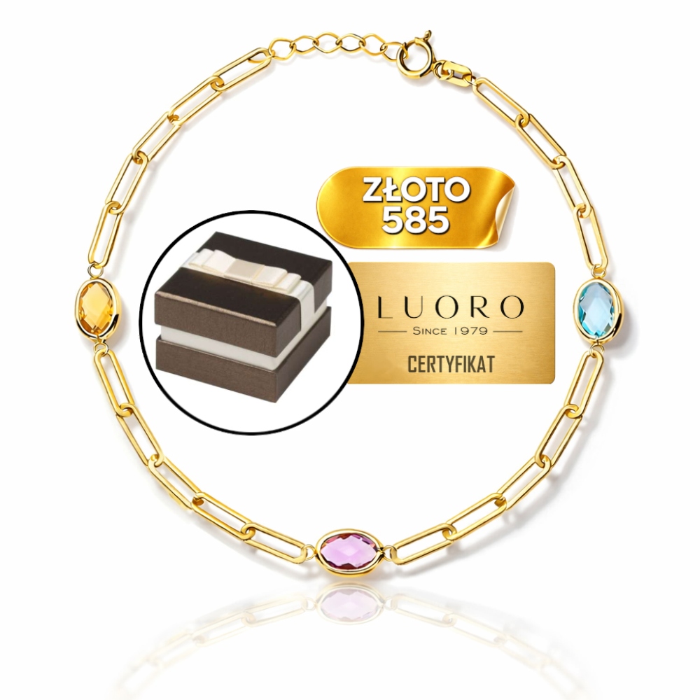 Zlatý Náramek 585 14K Oválné Články Topaz Ametyst Citron 17 CM